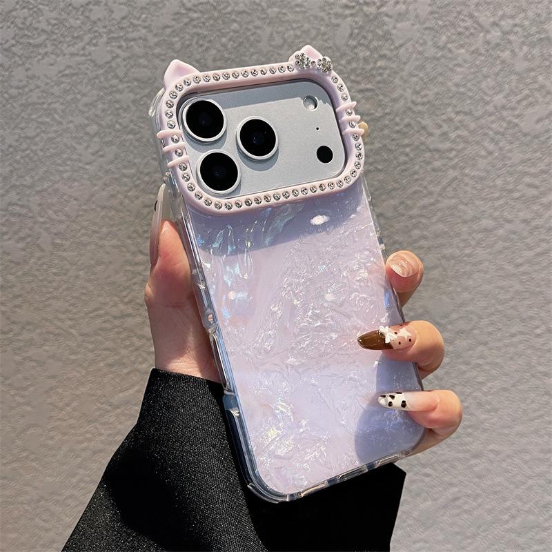 

iPhone 17 Pro Max Gold Plated Rhinestone Cat Ear Lens Case - Apple 16 Pro Protective Cover iPhone 17 Air фіолетовий