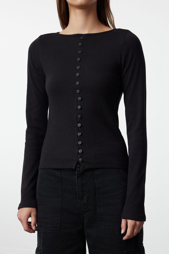 Women's Fashion Black Button Detailed Crew Neck Ribbed Flexible Regular Length Knitted Blouse
