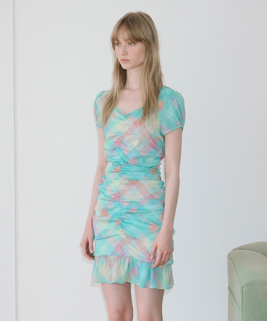 SINOON Check Printed Shirring One-Piece (Mint)