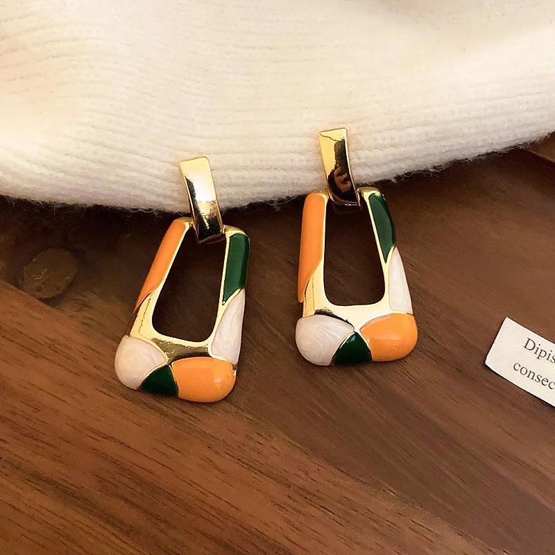 Women Colorful Enamel Trapezoid Earrings Hollow Geometric Long Dangle Ear Jewelry For Party Fashion