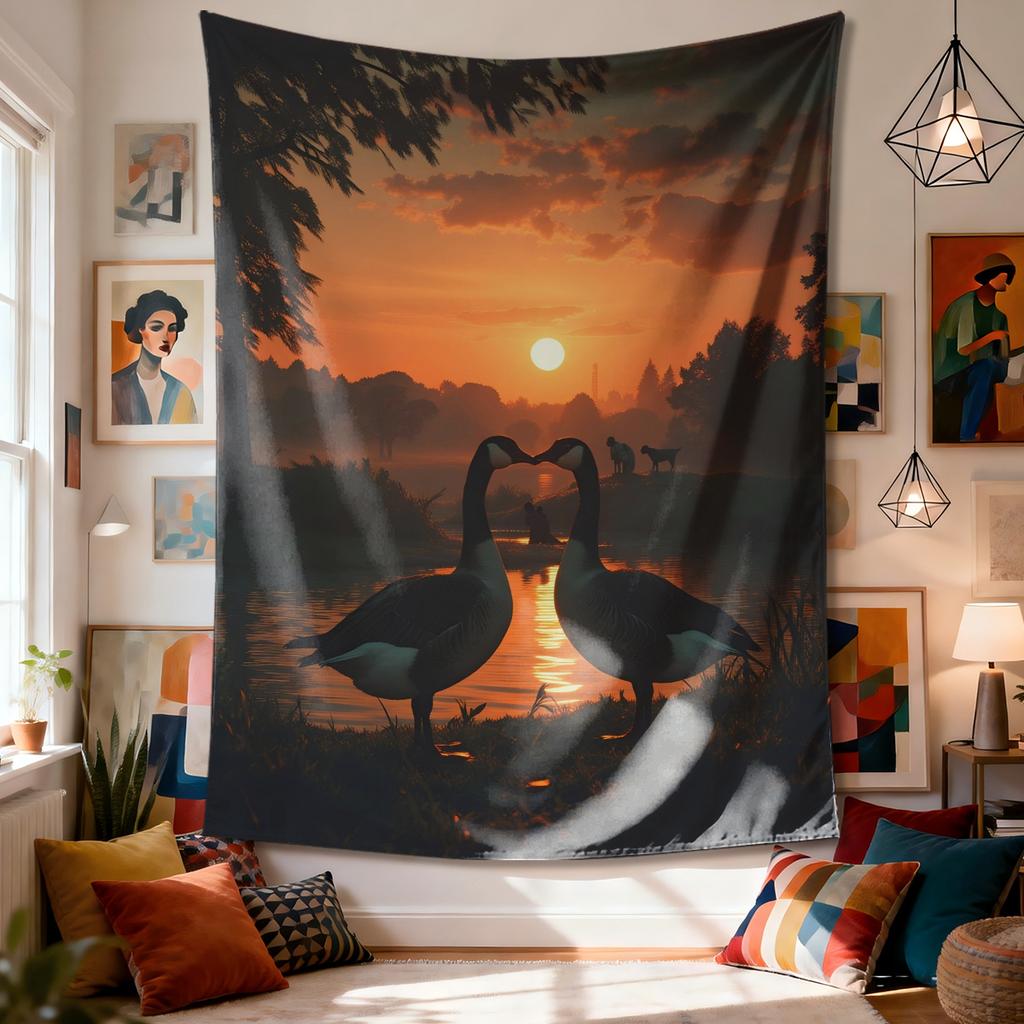 Two geese form heart Digital printing polyester wall tapestry suitable for use in living rooms bedrooms offices bars party