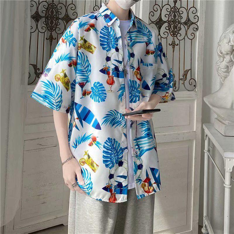 Men's Harajuku-Style Retro Floral Short-Sleeve Shirt: Hong Kong Ulzzang Beachwear with Sun Protection, Perfect for Couples.