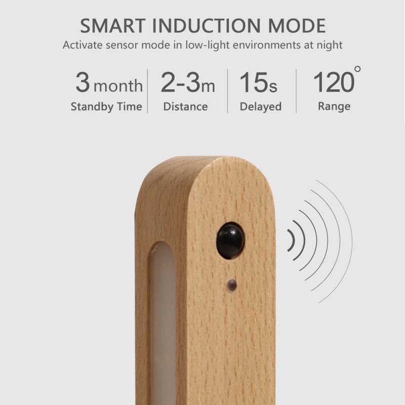 LED PIR Motion Sensor Night Light Bedroom Wooden Lamps Home Decor Magnetic Key Holder Cabinet Door Hanging Lamp USB Rechargeable