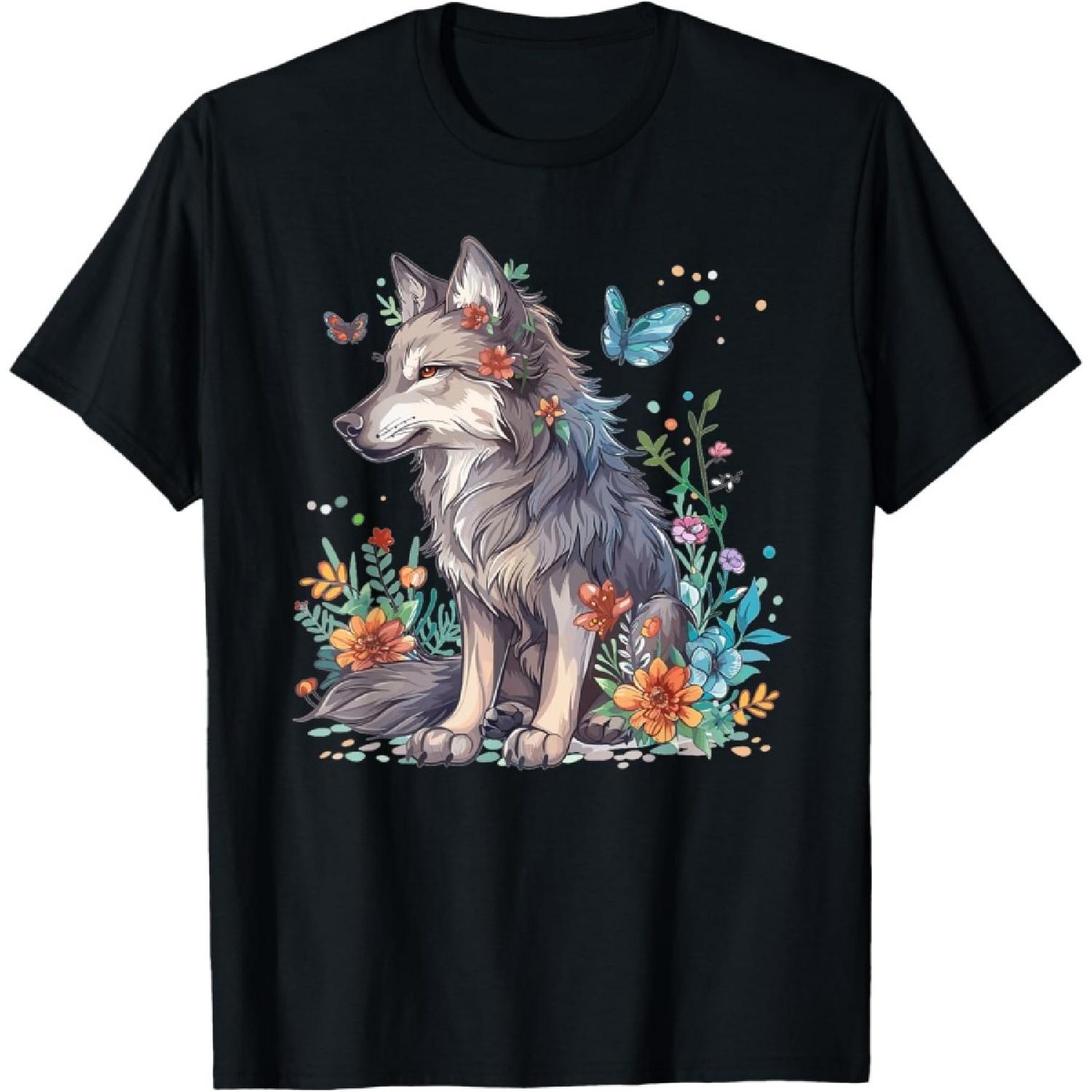 Cute Wolf With Flowers I Kids Wolf T-Shirt S