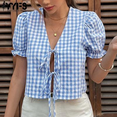 Damenmode Lässig Sommer Frühling Karomuster Kurzarm V-Ausschnitt Blusen & Hemden