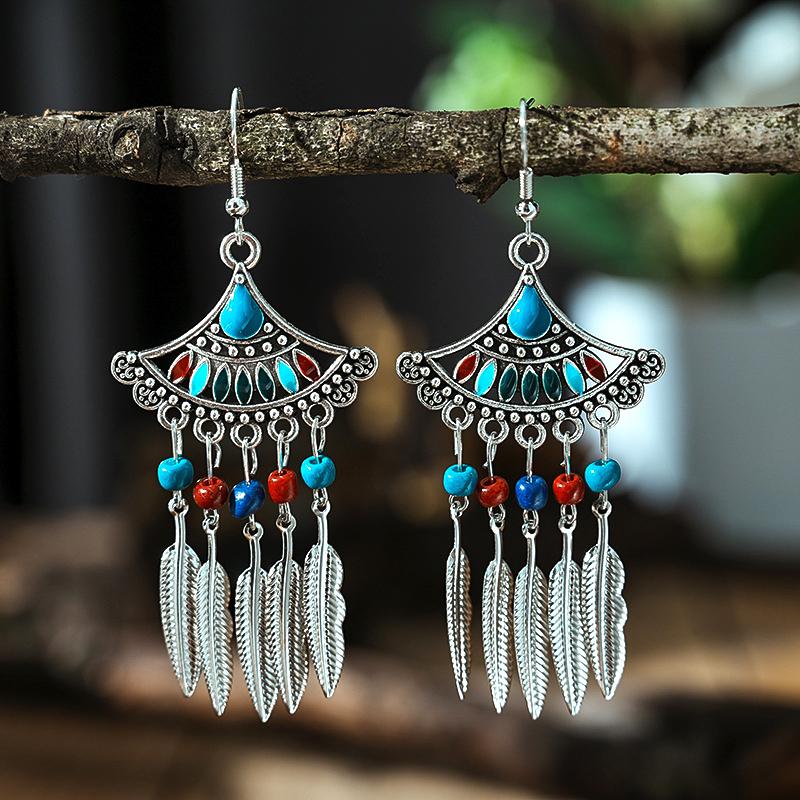 

New Drop Oil Fan Shaped Leaf Ethnic Earrings for Women Boho Seed Bead Dangle Earring Silver Color Alloy Female Jewelry разноцветный