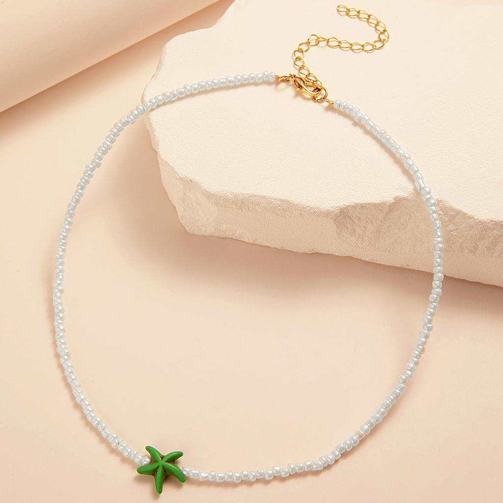 Coquillage Étoile de Mer Femme Collier Court Cadeau Vacances d'Été Choker Fait Main Perles de Rocaille Bijou de Cou Blanc