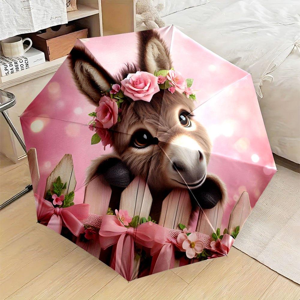 

Foldable Umbrella with Smiling Donkey & Pink Rose Crown Design - Automatic Open, 8-Rib Durable Frame, Compact Travel & Backpac Iron&8K