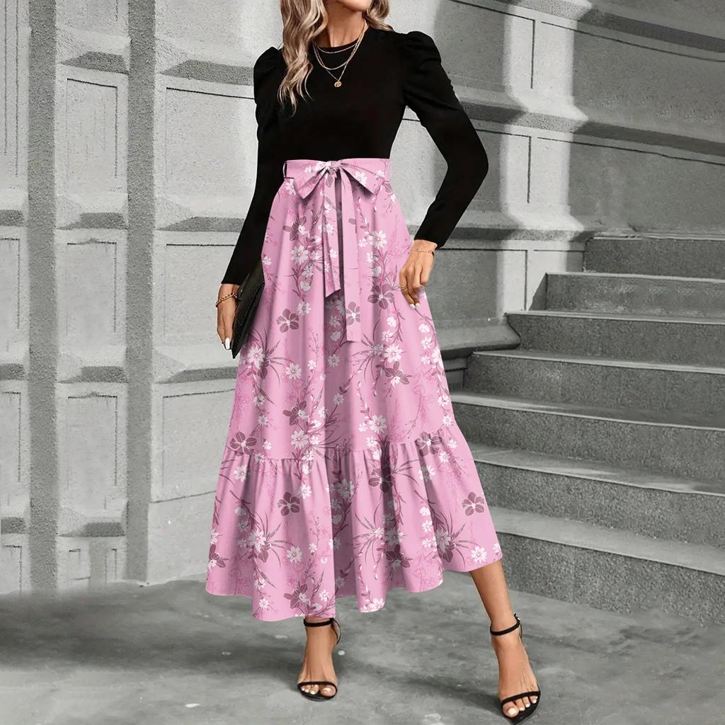 Women's Floral Print High Waist Fashionable And Elegant Dress