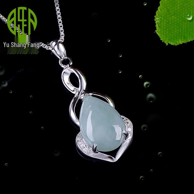 Yu Ding Sheng S925 Sterling Silver Teardrop Pendant with Natural Myanmar Jadeite for Women