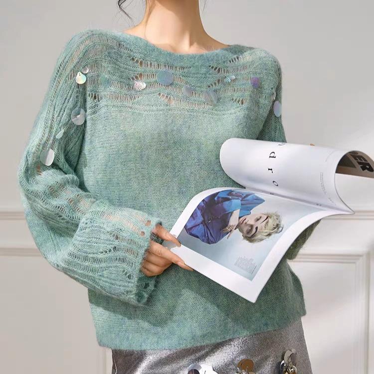 Atmosphere Wear Mint Green Top Women's Autumn Shell Sequin Design Hollow Knitted Sweater