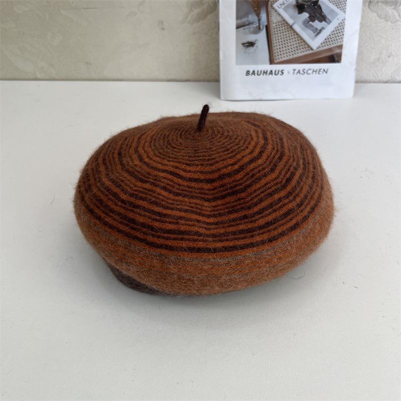 

Autumn and winter rabbit hair beret women s retro striped versatile wool painter hat fashion and warmth M（56-58cm） помаранчевий