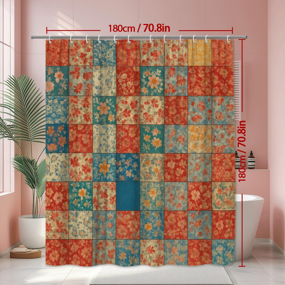 Retro Patchwork Floral Shower Curtain Vintage Color Blocks With Flowers Boho Style Bathroom Decor Waterproof Quick Setup