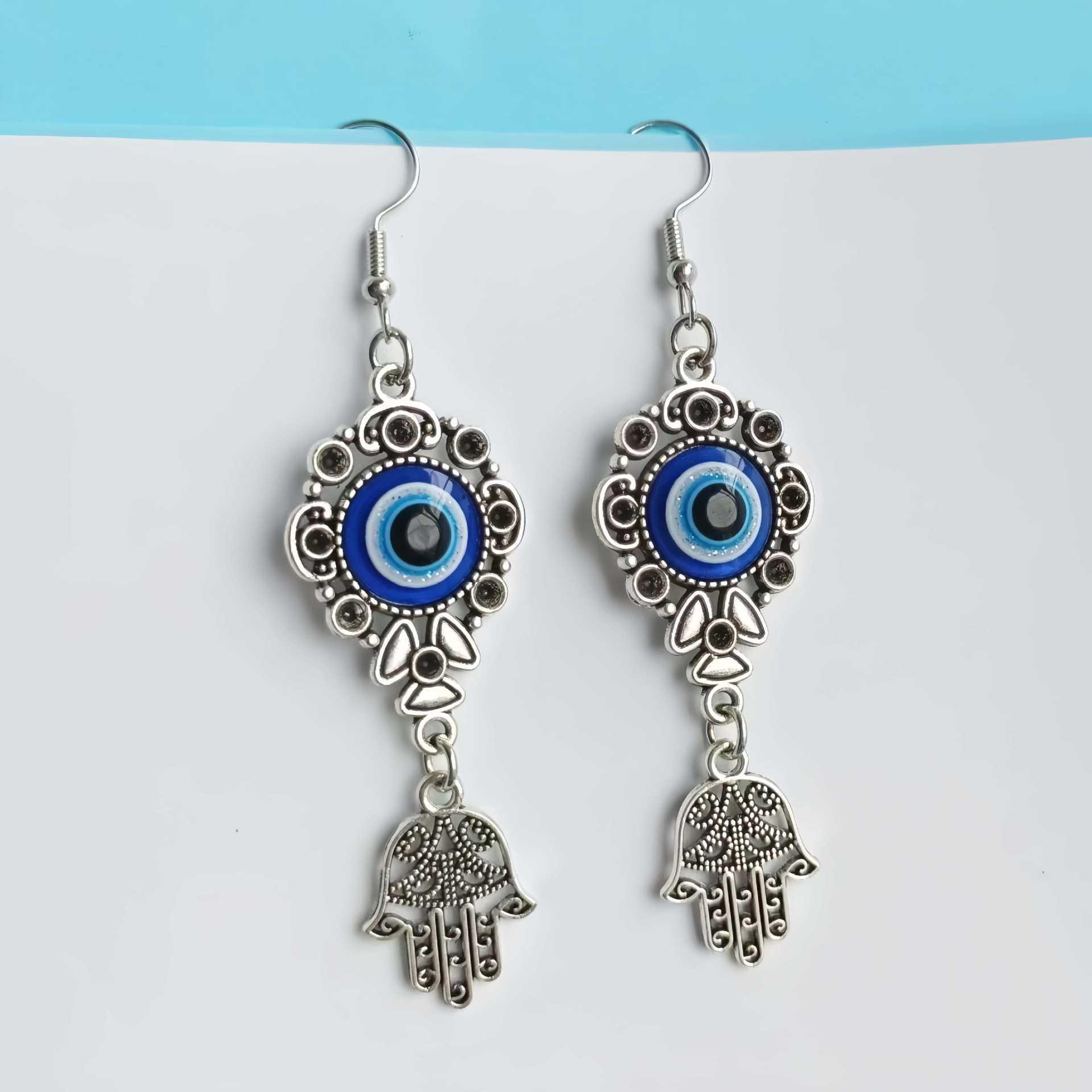 Bohemian Blue Evil Eye Hand of Fatima Drop Earrings for a Hot Girl Style
