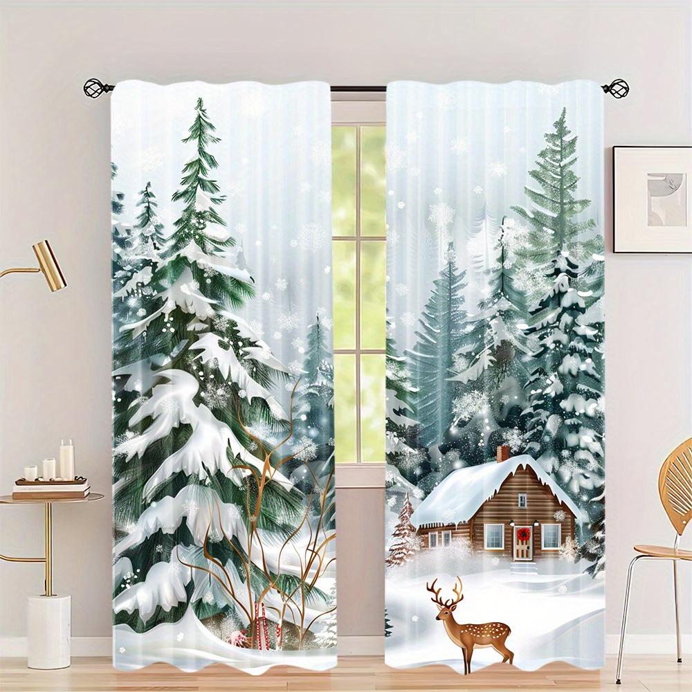 2pcs Christmas Tree Snowflake Curtain, Christmas Gift and Ball Curtain For Living Room, Kitchen, Bedroom, Hotel,Home Decor