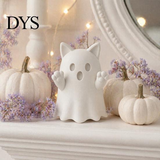 Collectible Art Figures 3D Printed Cute Ghost Cat Figurine, Wink Smile Surprise Spooky Halloween Decor, Desktop Micro Landscape Ornaments Blank White