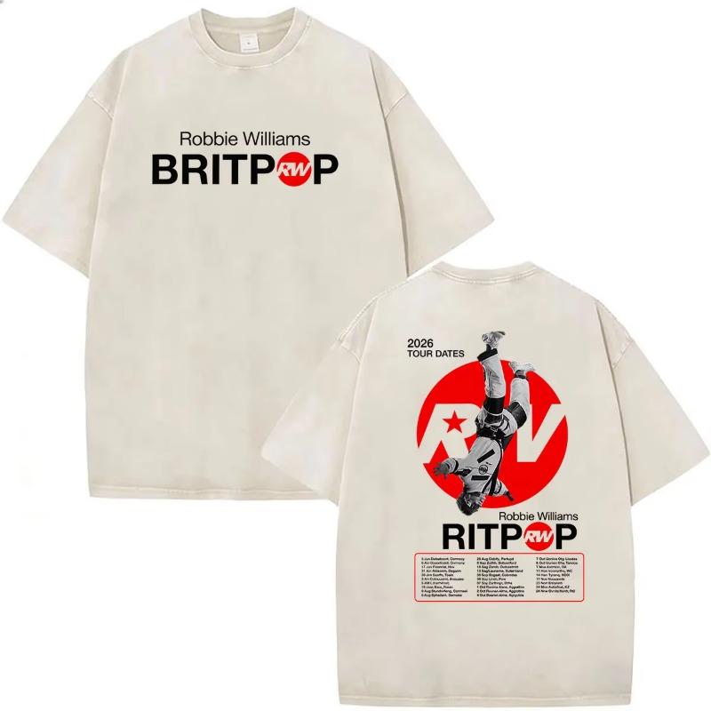 Vintage Washed Robbie Williams BRITPOP Tour 2026 Double Sided T Shirt Men's Women Clothing Fashion High Quality Cotton T-shirts