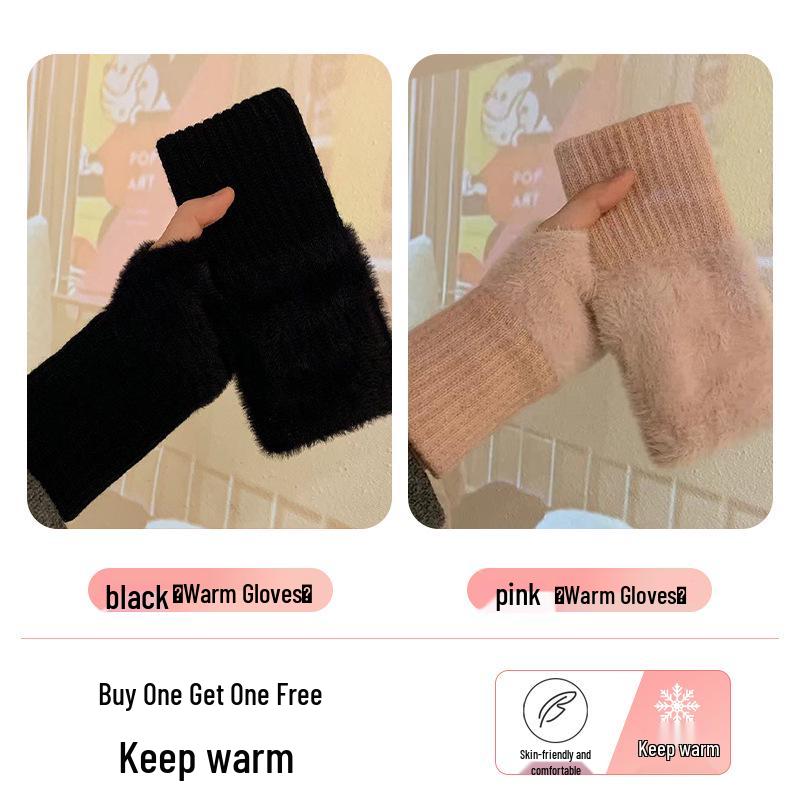 Women's Fleece-Lined Half-Finger Gloves: Cute, Thick Plush for Autumn & Winter; Ideal for Cycling & Cold Protection