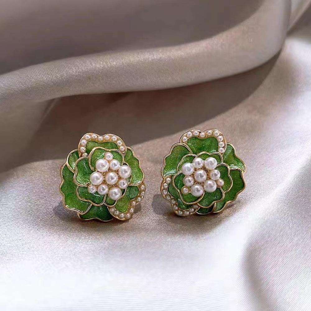 

JMXD Серьги-пусеты в виде цветка камелии из французского жемчуга, Легкая роскошь, Тематика зеленого чая, Уникальные элегантные для женщин, Модные украшения зелёный