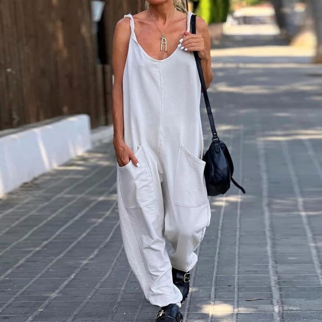 Ladies Wring Shoulder Strap Loose Casual Overalls Resort Solid Jumpsuit With Pockets