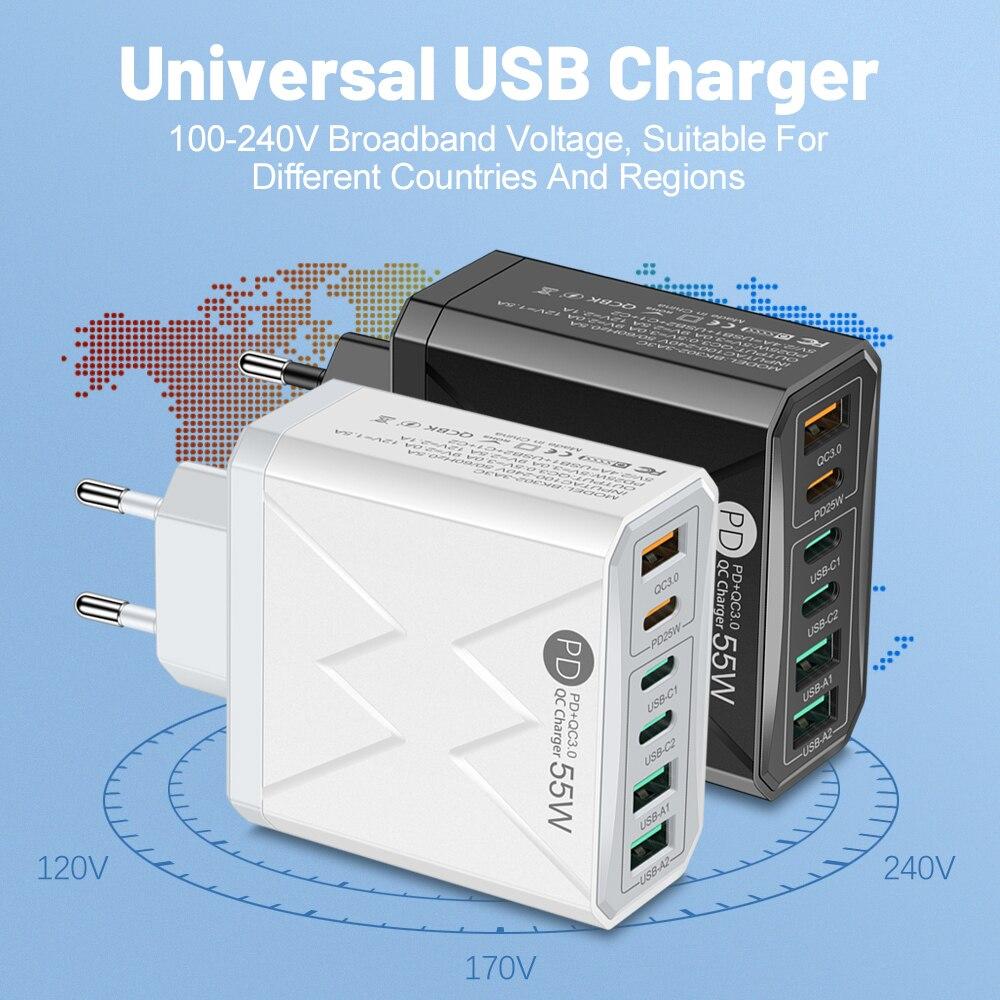 6 In 1 55W PD USB Charger Fast Charging Quick Charge 3.0 Travel Charger For iPhone Samsung Xiaomi Mobile Phone Charger