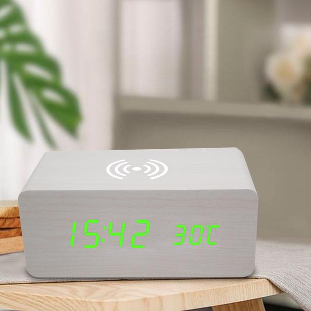 Wireless LED Wood Clock: Digital Alarm with Thermometer, Calendar & Charging Function