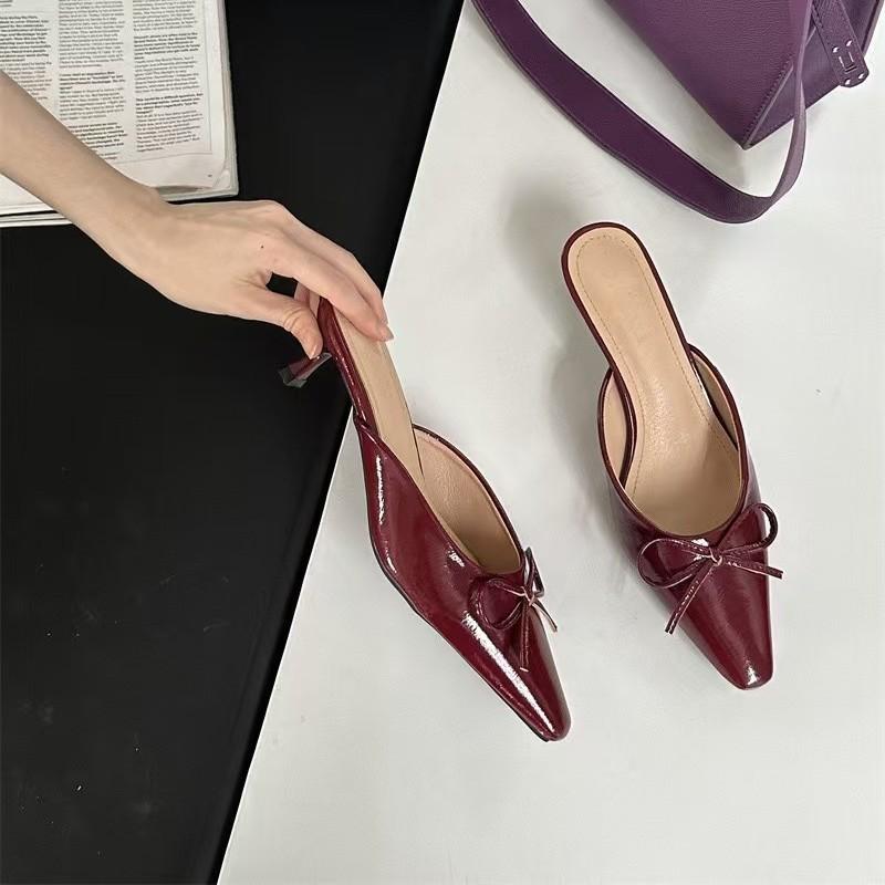 New Summer Bow Medium Stiletto Muller Shoes Bag Head Half Slippers Women's Large Size High Heel Single Shoes Cool Slippers