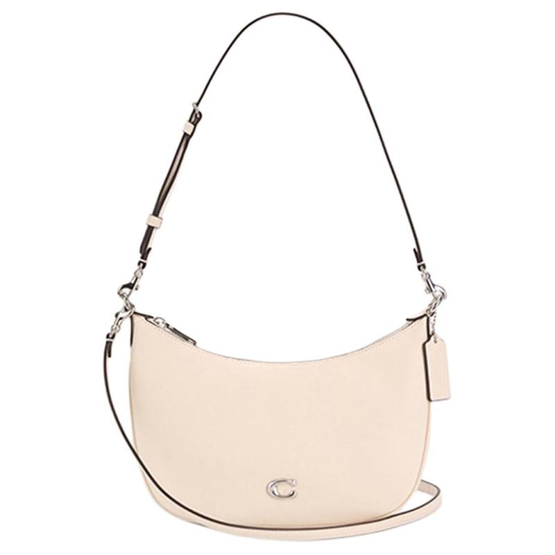 Coach SCULPTED 25 Silver Metal Crescent Bag Crossbody Bag Built-in Buckle Bag Cow Leather Shoulder Bag Medium Size Women's Pink and White