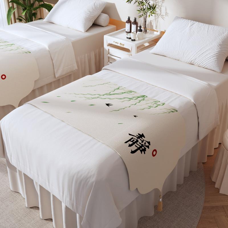 Beauty Salon Chinese Bed Flag Dust Proof Bed Cover Massage Foot Massage Bed End Towel Zen Inspired Decorative Long Bed Blanket Tassel Linen Fabric