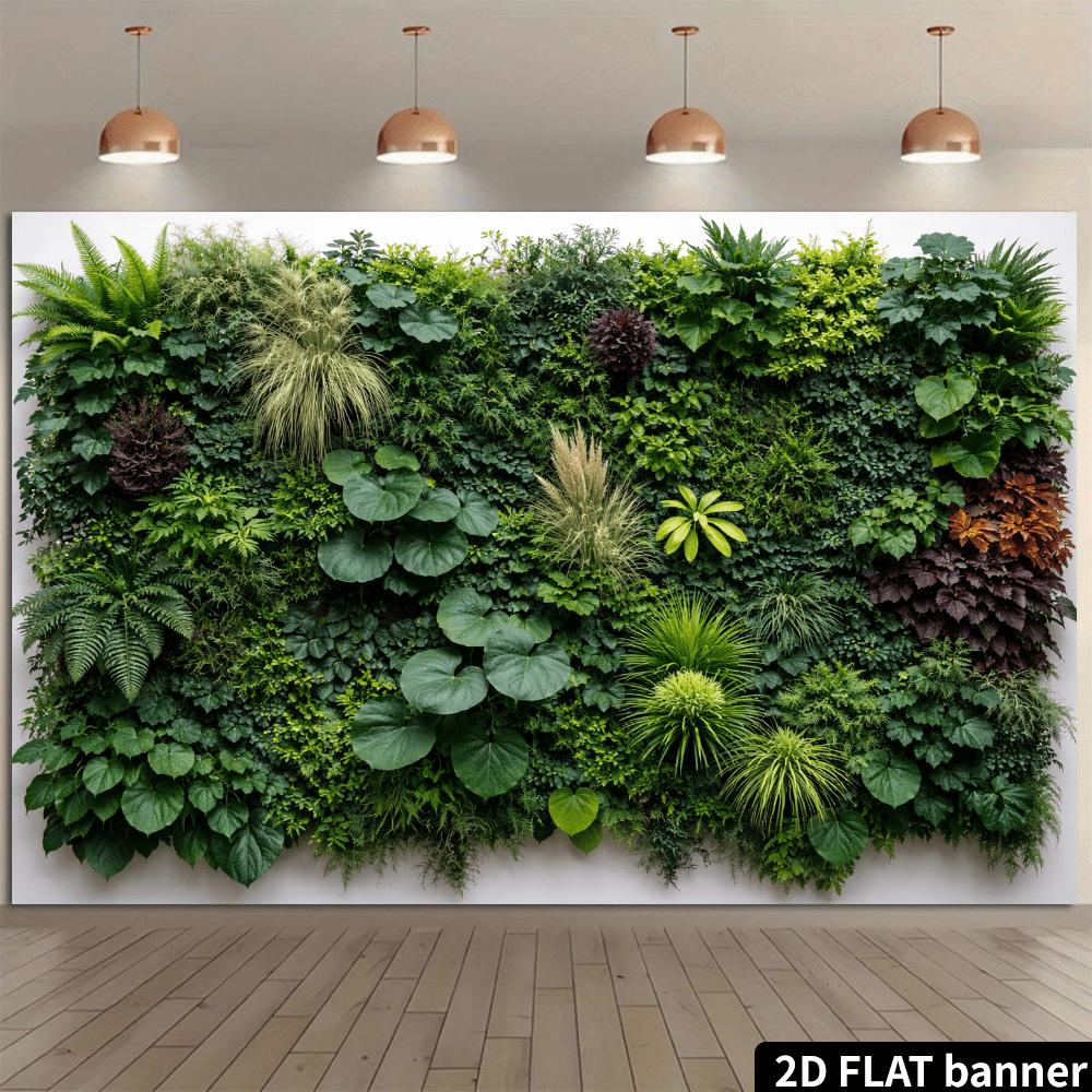 2D-Ebene hochdichte grüne Pflanzenwand-Kulisse, Studiohintergrund, Blätter der Riesenorchidee und Adergras