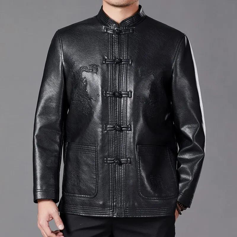 Autumn Men Pu Leather Tang Suit Jacket Chinese Traditional Ethnic Loose Casual Dad Coat Vintage Streetwear Windproof Outerwear