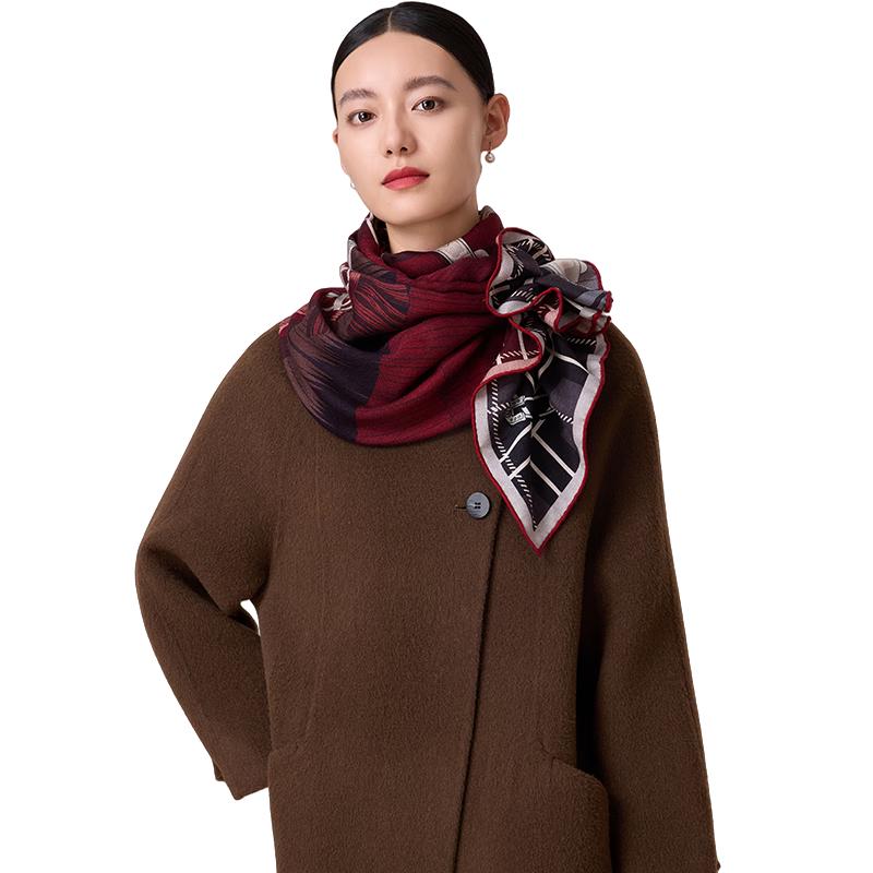 

Shanghai Story Red Saddle Grid Wool Silk Square Scarf 100*100cm