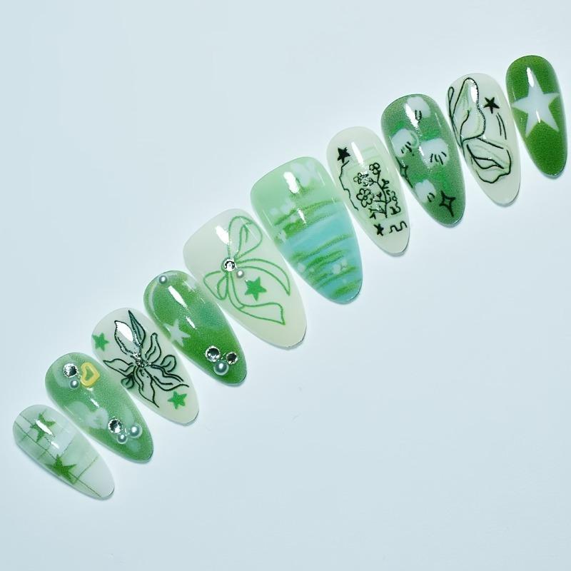 Nouveau lot de 10 faux ongles press-on faits main Art des ongles vert amande Pointe d'ongle artificielle Motif papillon de l'océan et fleur Ensemble de faux ongles Manucure pour filles