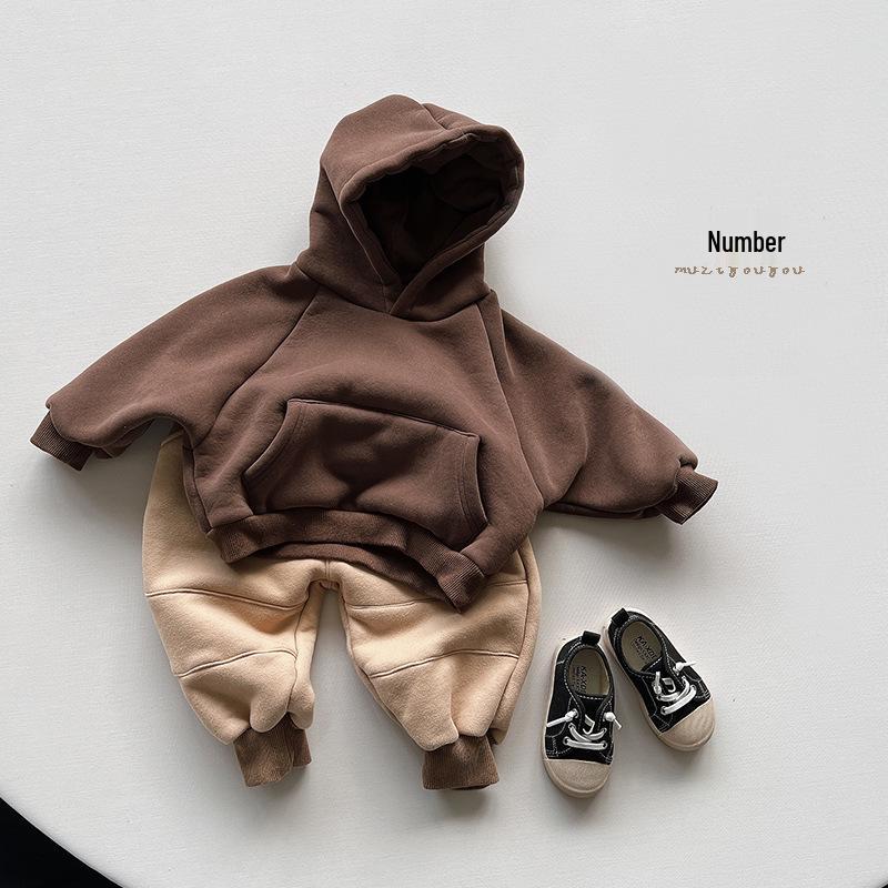 2025 Kids' Thick Fleece Hooded Sweatshirt - Autumn/Winter Korean Style for Boys & Girls
