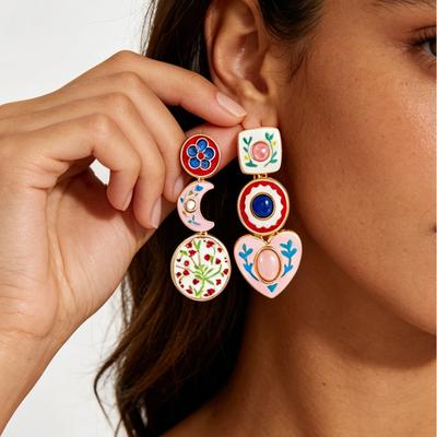 Vintage Rhinestone Heart Pendant Multi-Layer Floral Asymmetric Earrings Drop Dangles for Women PD2514