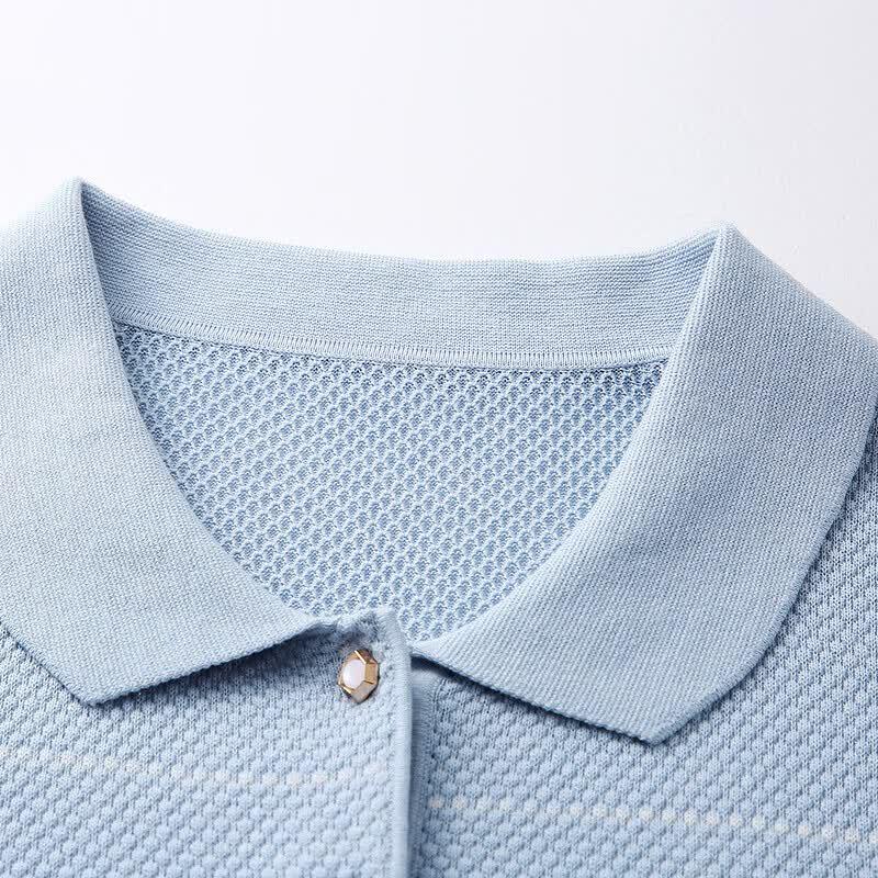 Women's Mulberry Silk Striped Polo Knit T-Shirt
