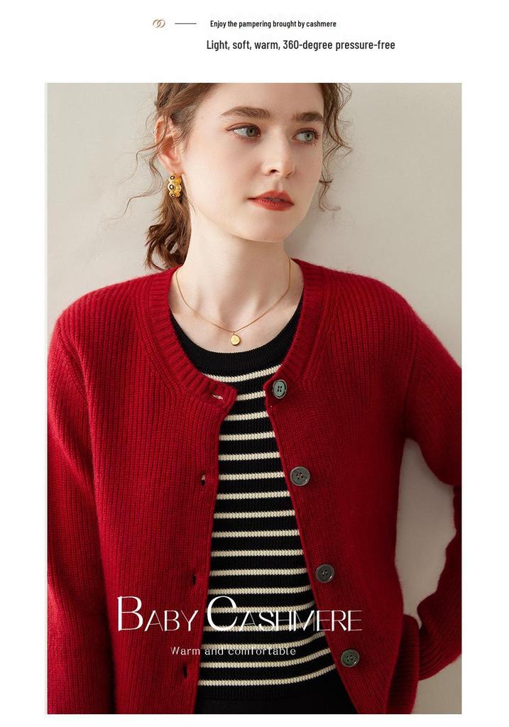 2024 Women's Cashmere Ribbed Round Neck Loose Knit Cardigan Sweater for Autumn/Winter