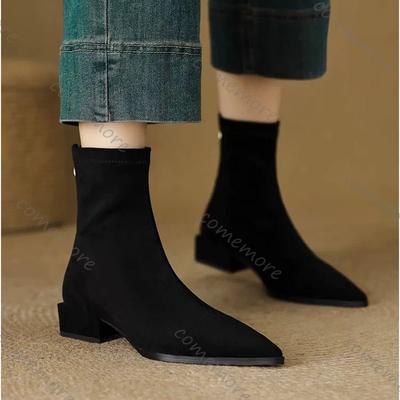 Modne Comemore Elastyczne Botki Skinny dla Kobiet Jesień Jednolite Zamszowe Szpiczaste Damskie Buty Modne Grube Niskie Obcasy Krótkie Skarpety Botas