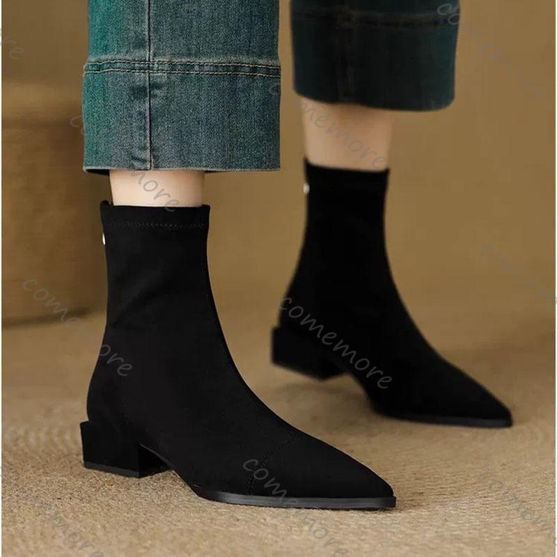 Comemore Stretch Skinny Boots for Women Autumn Solid Suede Pointed Toe Women Shoes Thick Low Heeled Short Sock Botas