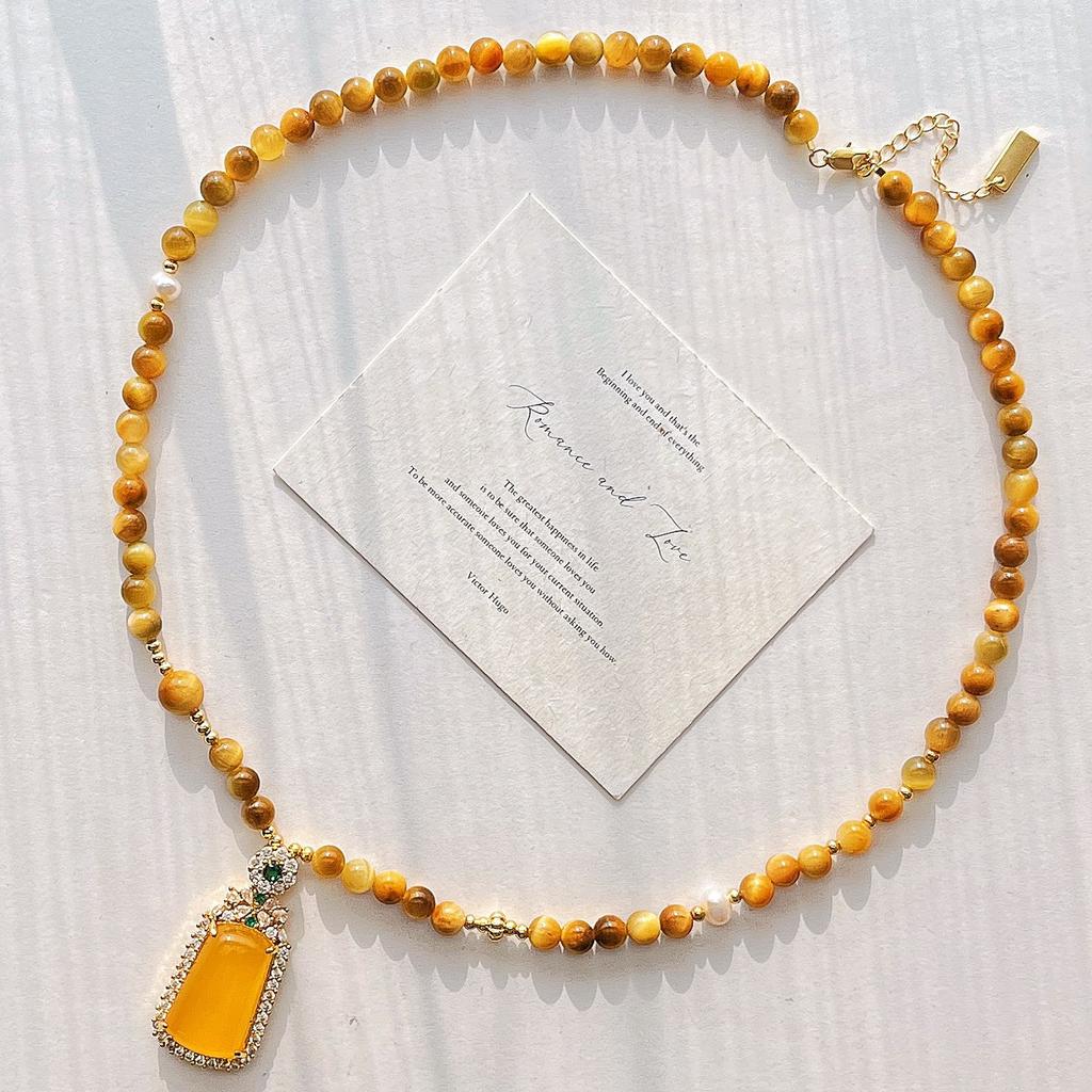 Retro High Quality Natural Tiger'S Eye Stone Chalcedony Design Sense Sweater Chain Necklace Collarbone Chain Women