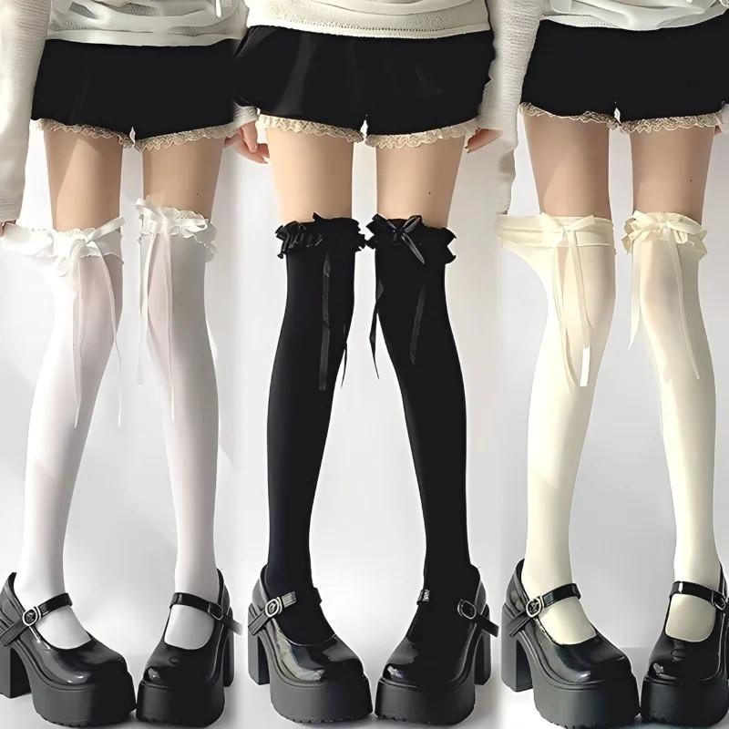 Calze Sopra il Ginocchio Stile Lolita Design con Fiocco e Volant Calze con Bordi in Pizzo Dolci Collant Kawaii per Gambe Nero Bianco Beige