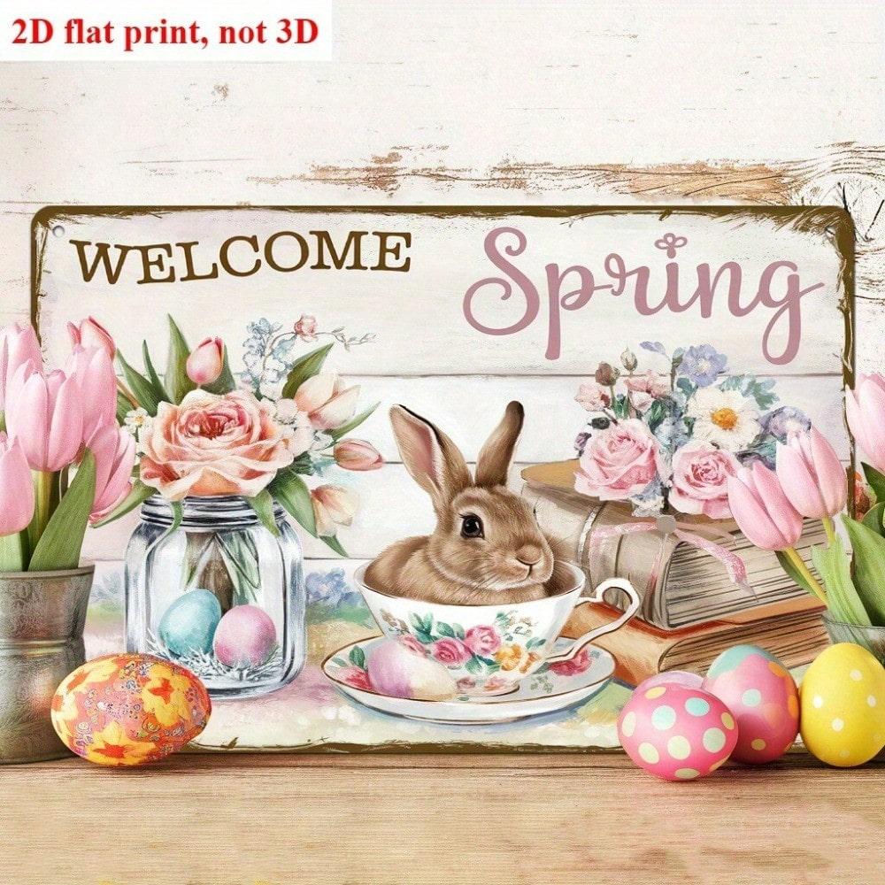 

Vintage Spring Rabbit Metal Wall Art Easter Home Decor Painted Eggs Sign 20x30