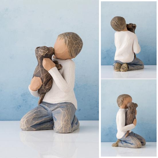 Puppy And Boy Figurine Kneeling Boy In Blue Jeans Holding Dog Statue Resin Sculpture for Bedroom Office Desk Bookshelf Decor Gifts for Dog Lovers