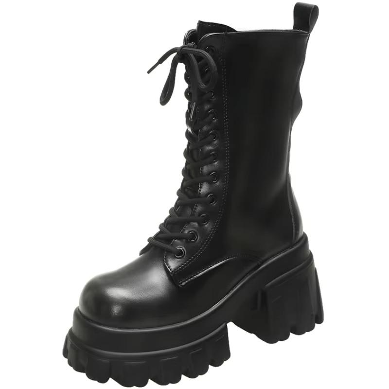 9CM Klobige Plateau Stiefeletten Damen 2025 Neu Herbst Winter Motorradstiefel Frau Dicke Sohle Rutschfest Leder Kampfstiefel