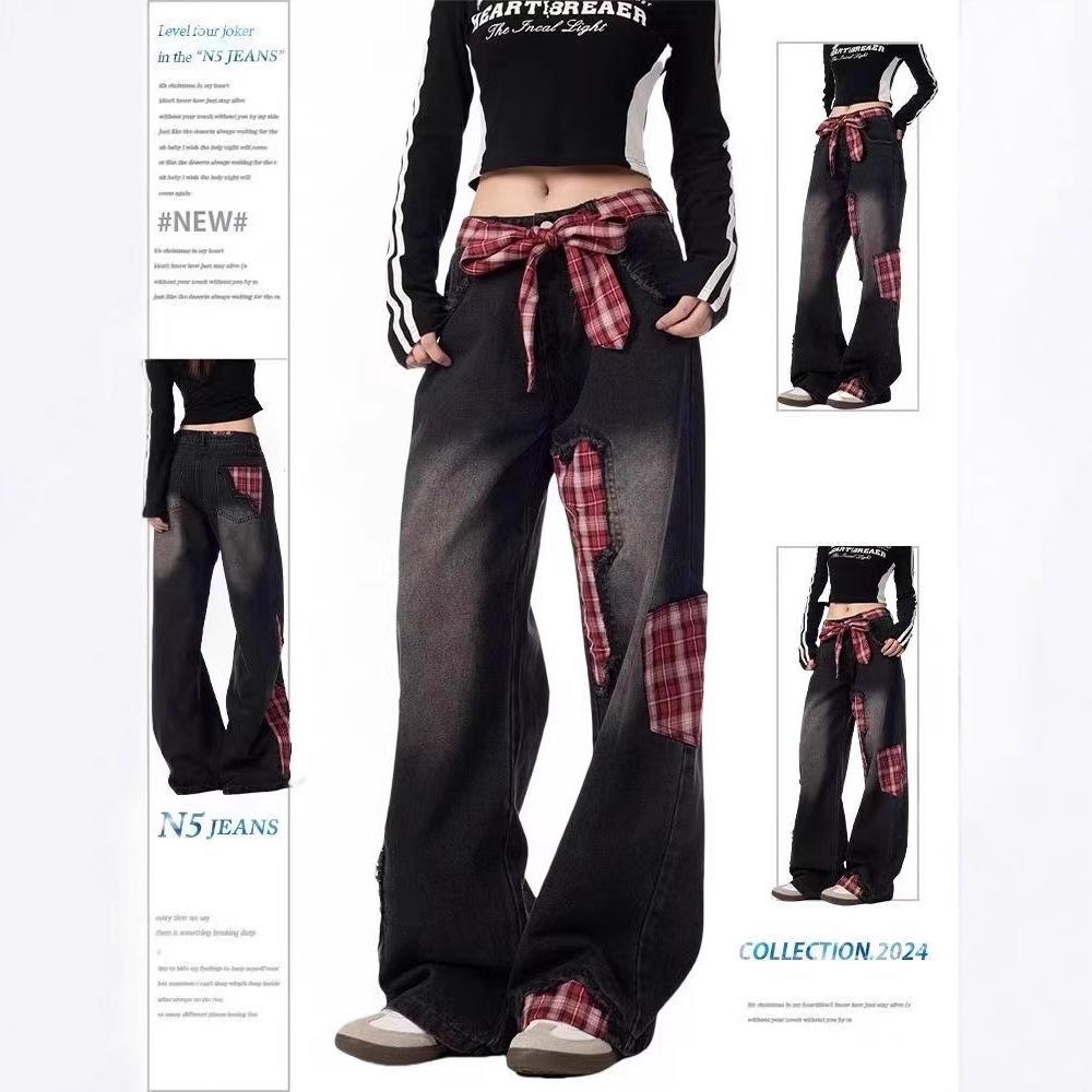 Women's Red Plaid High Waist Wide Leg Jeans - Patchwork Loose and Floor-Length Style