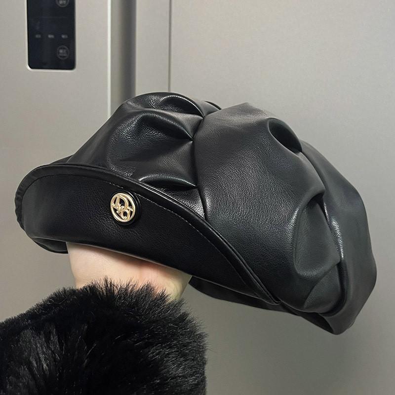 Pu Trendy Leather Beret For Women Vintage Style Sun Protection Cap Painter