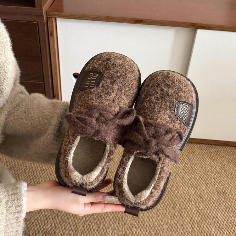 European Golden Velvet Big Head Lace-up Muffin Platform Loafers Women's Versatile Small Height Increase Casual Fluffy Women's Shoes