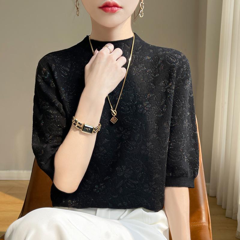 

2024 Summer Korean Jacquard Silk Short-Sleeve Women s High Collar Knit Tee
