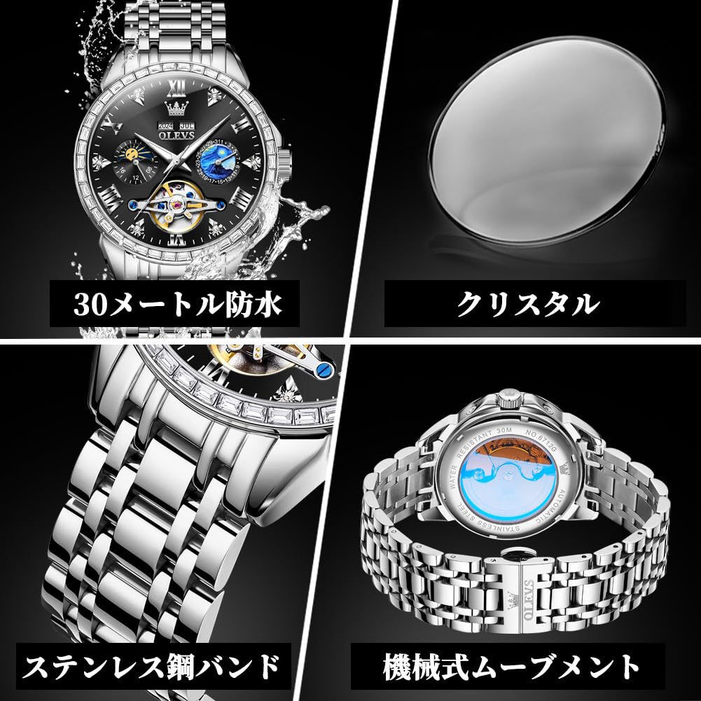 OLEVS Automatic Watch Mechanical Skeleton Diamond Popular Calendar Waterproof Date Luminous Watch for Men Stainless Steel Stylish Brand Black Men's