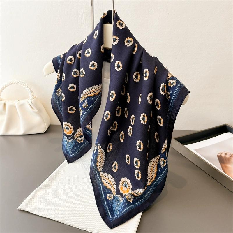 Vintage 68Cm Square Feminine Scarf Hijab Elegant Cotton Feeling Headband Kerchief Vintage Headscraf Shawl Wrap